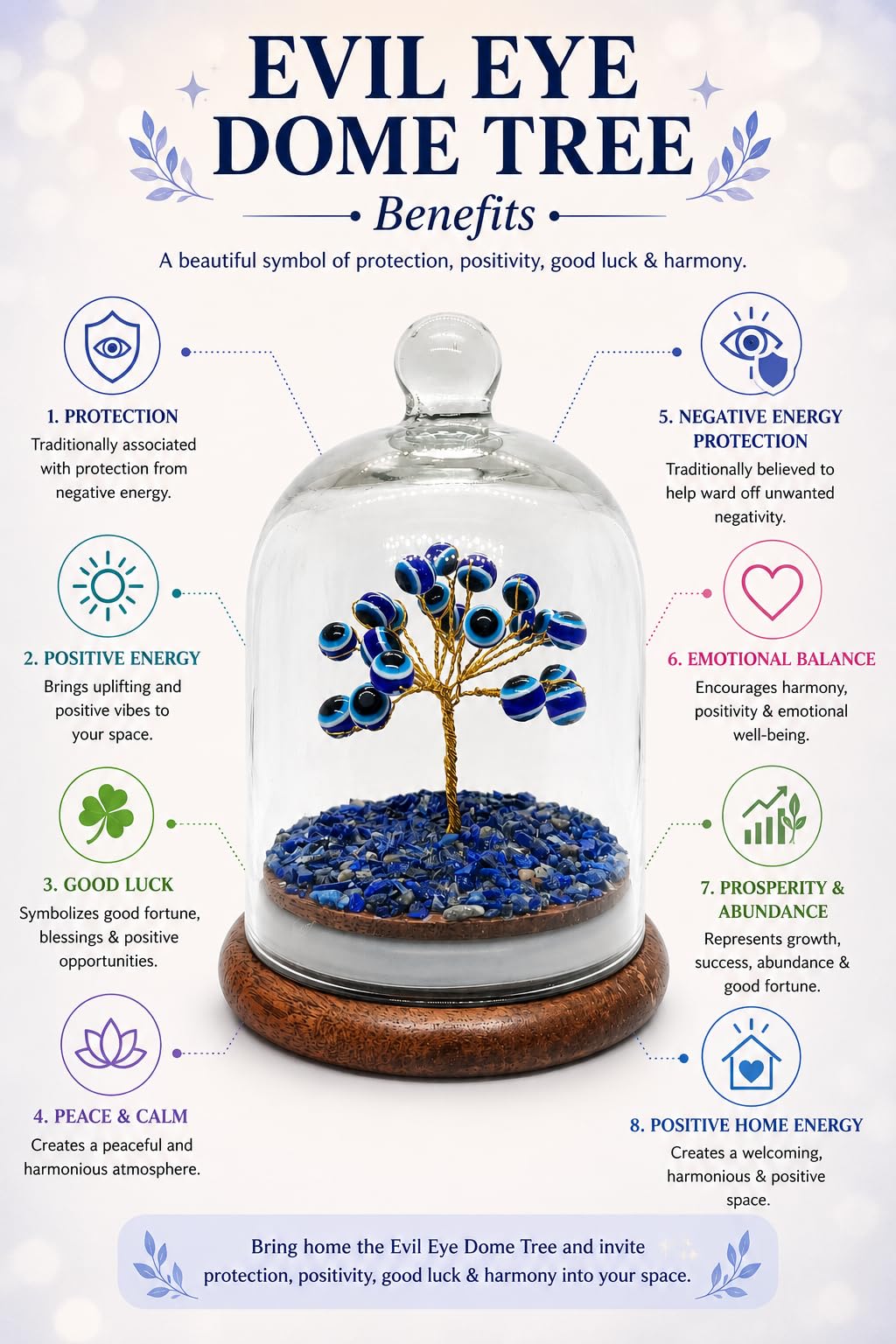 Evil Eye Protection Tree in Glass Dome with Gift Box | Handmade Crystal Tree Showpiece | Positive Energy Decor Gift for Home & Office