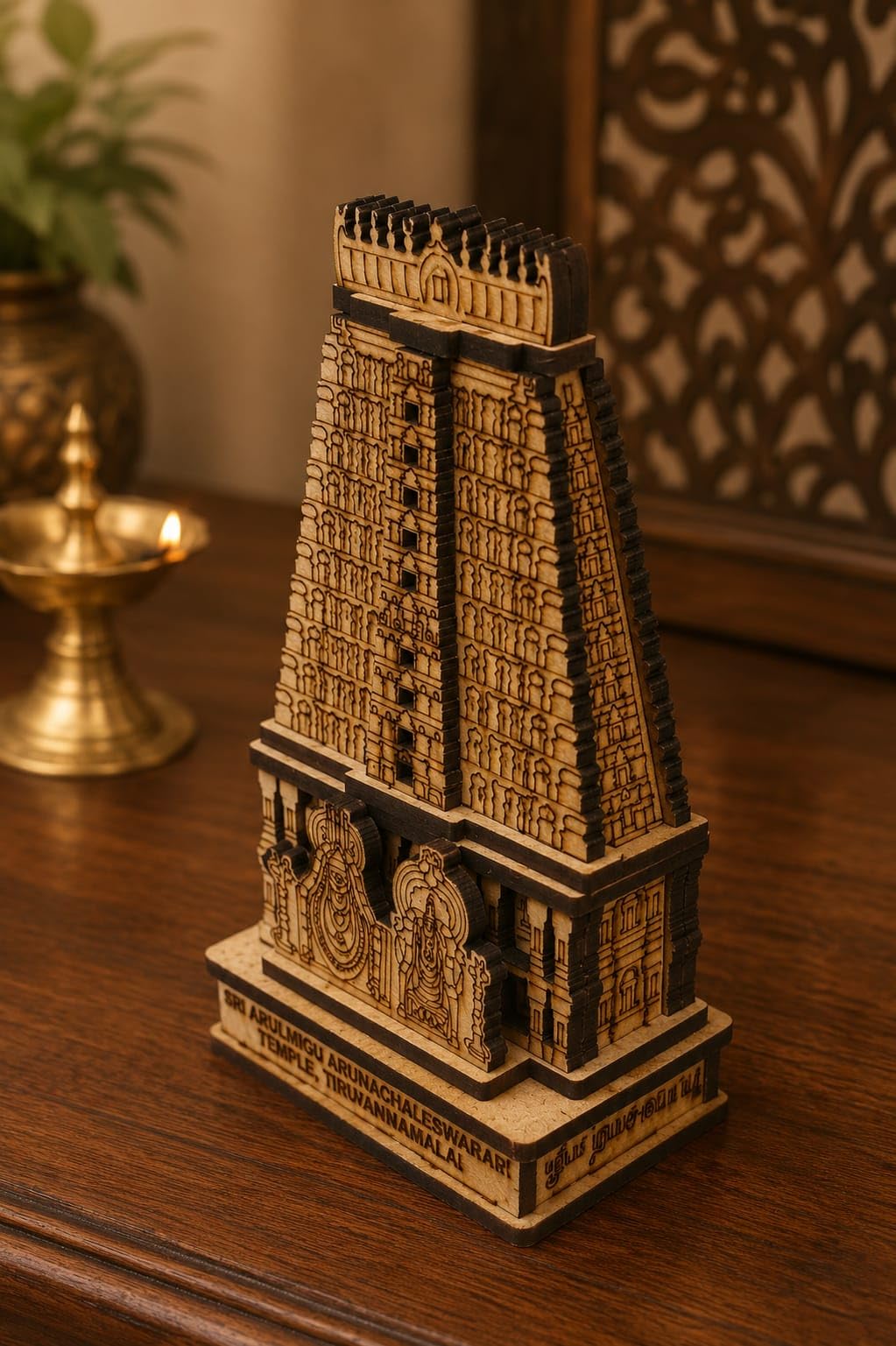 Sri Arunachaleswarar Temple Wooden Miniature, MDF, Laser-Cut Detailed Architecture, Tiruvannamalai Showpiece, Spiritual Gift
