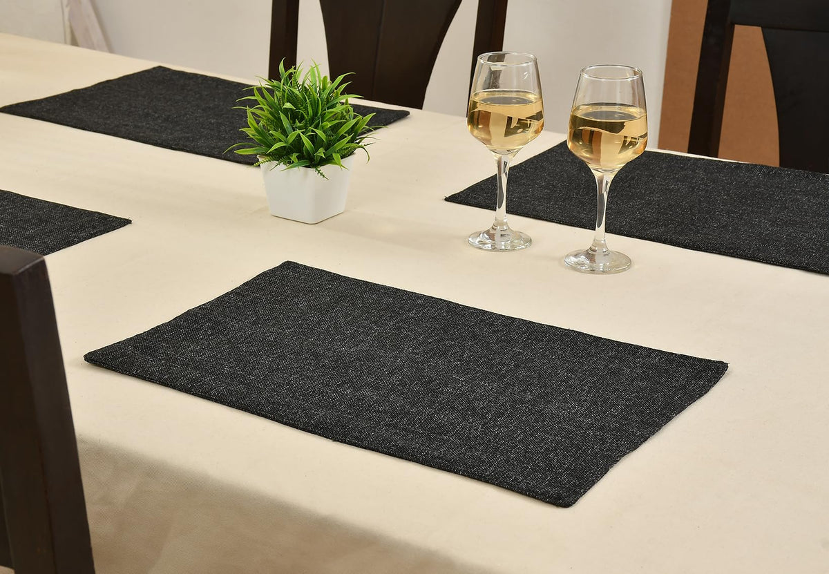 Yellow Weaves Jute Texture Table Mats/Placemat 4 Pieces (Black, 32 X 47 CM) Kafalo