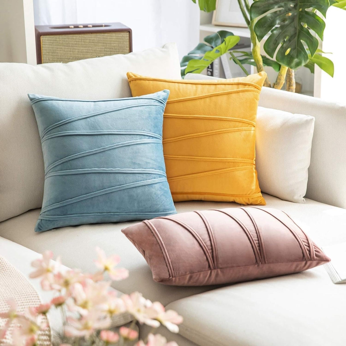 Khooti Velvet Striped Cushion Cover Pack of 1-40X40/102X102 Cm | Ice Blue | Soft Pillow Covers Cushion Case for Sofa Bedroom Living Room Chair Car, Cushion Cover with Zig Zag Pattern