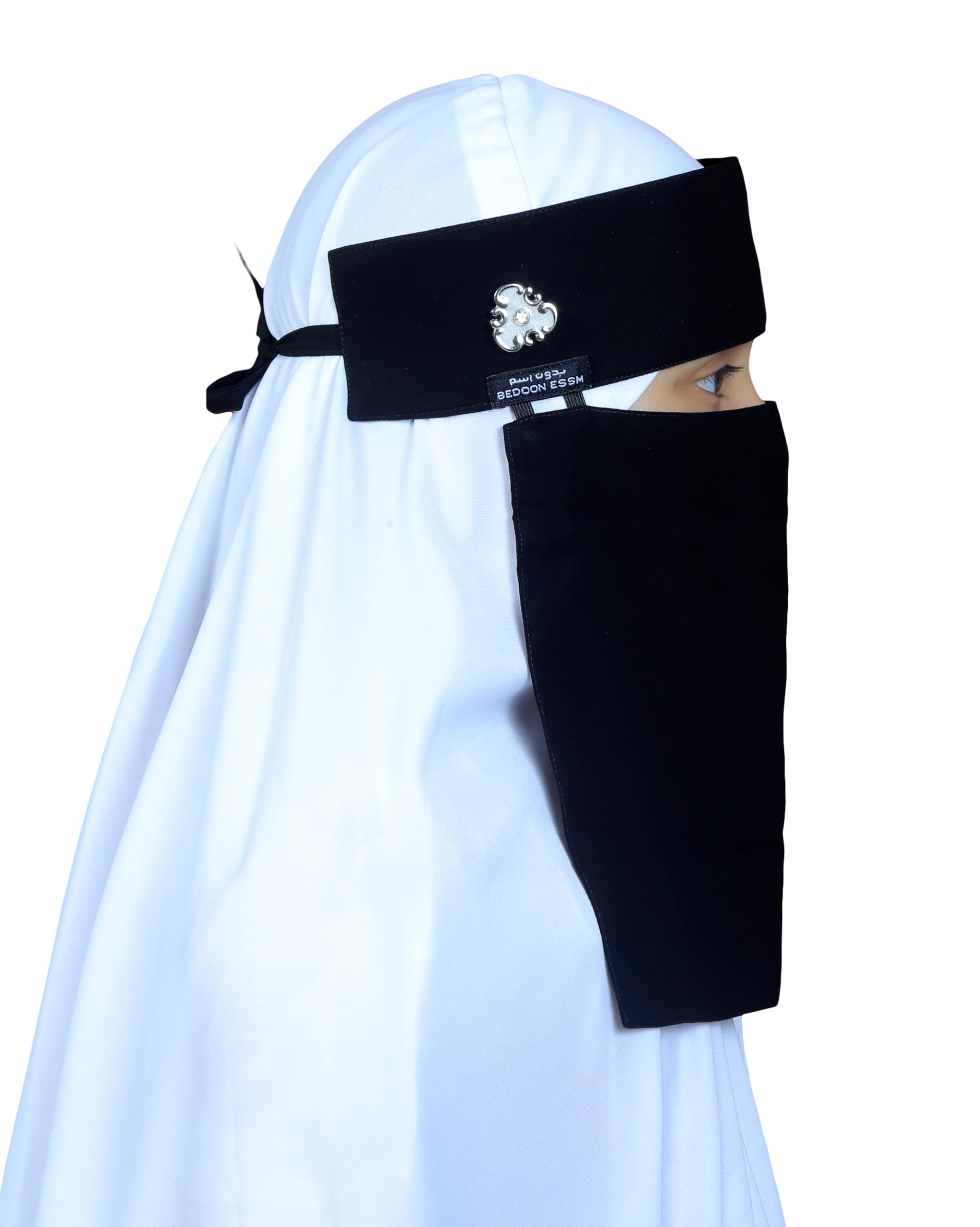 AL RIDHA Women's Babussalam Fabric Fashion Nosepiece One‑Layer Half Hijab Pendant Design Saudi Niqab for Muslim Women and Girls, Black (Silver Clover Pendant)