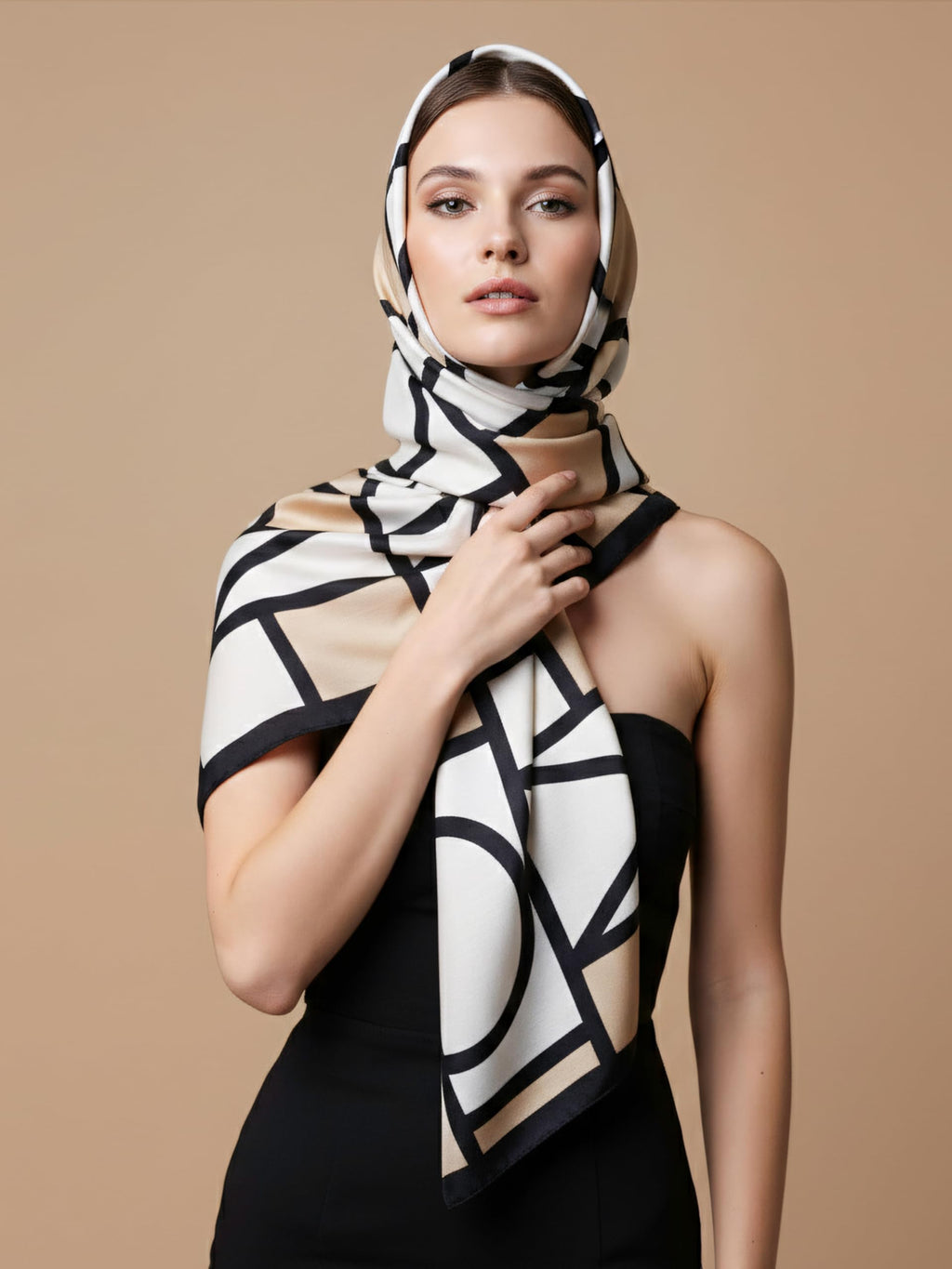 MORU Kyoto Minimalist Women’s Gridline Scarf | Lightweight Beige & Navy Stole with Modern Geometric Design | Soft Wrap Fashion Accessory for All Seasons