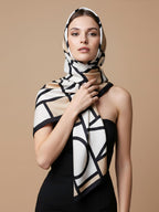 MORU Kyoto Minimalist Women’s Gridline Scarf | Lightweight Beige & Navy Stole with Modern Geometric Design | Soft Wrap Fashion Accessory for All Seasons