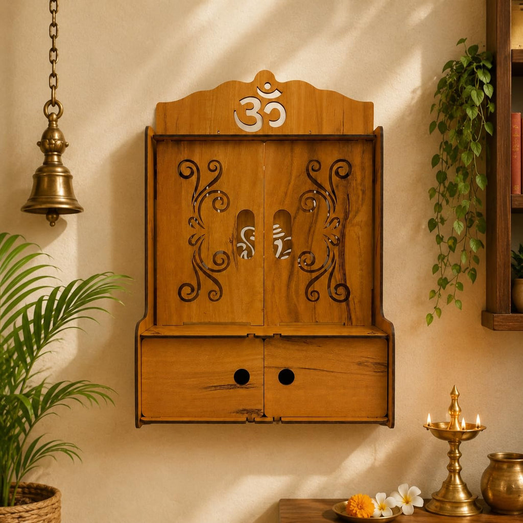 Privla Wooden DIY Small Size Home Temple with Door & Drawer Engineered Wood Pooja Mandir | Lord Ganesh JI Design | Wall Hanging & Floor Resting Mandir (Pack of 1) (02-KANHA JI-) 32 * 30 * 32cm