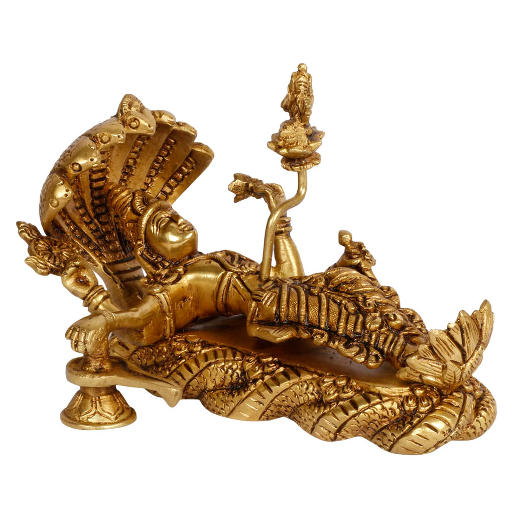 ARTVARKO Lord Ranganatha Swamy Vishnu Resting On Sheshnag Vaikunda Perumal Touching Shiva Lingam Brahma from Navel Brass Statue Gold Color 7.5 Inches