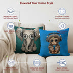 STITCHNEST Set of 2 Jute Cushion Covers – 12x12 Inches – Nerdy Elephant & Music Lover Monkey Prints – Designer Decorative Pillow Covers for Sofa, Living Room & Bedroom | Perfect for Home Decor