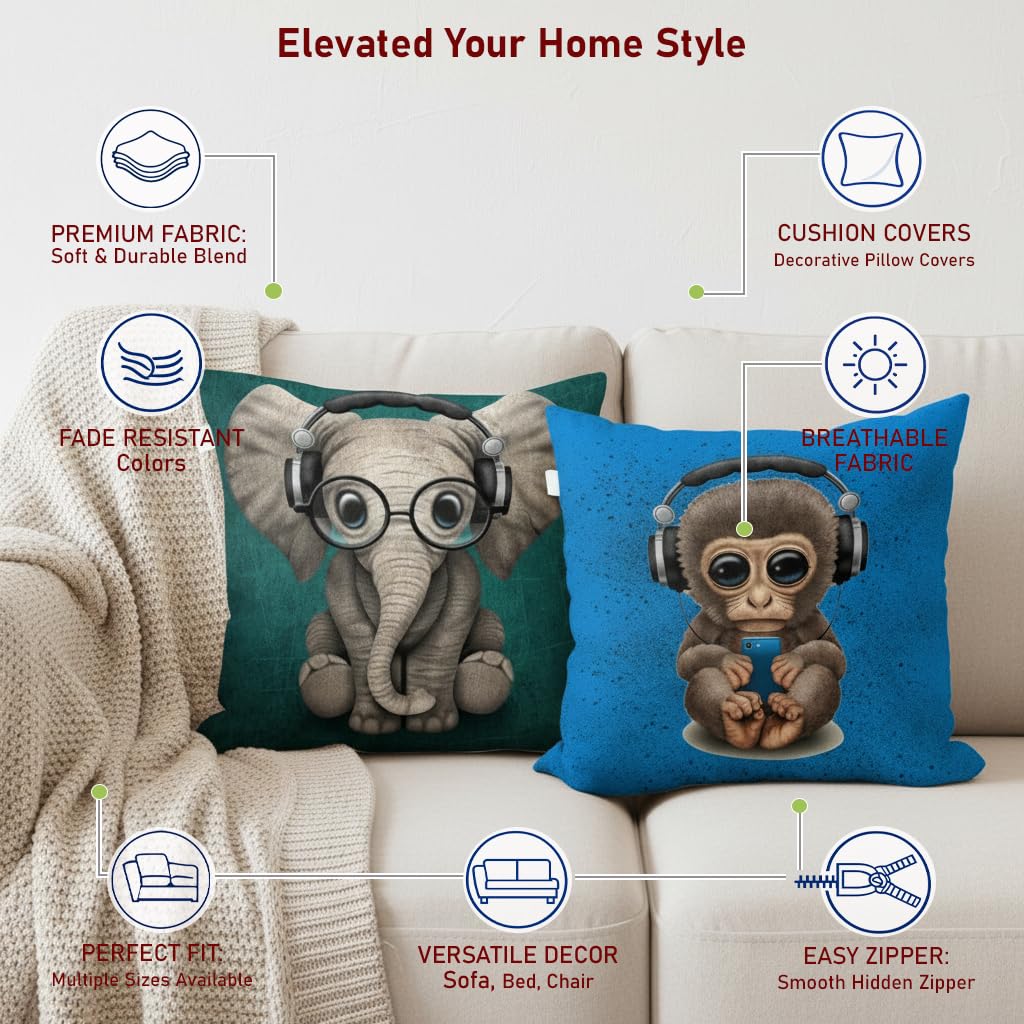 STITCHNEST Set of 2 Jute Cushion Covers – 16x16 Inches – Nerdy Elephant & Music Lover Monkey Prints – Designer Decorative Pillow Covers for Sofa, Living Room & Bedroom | Perfect for Home Decor