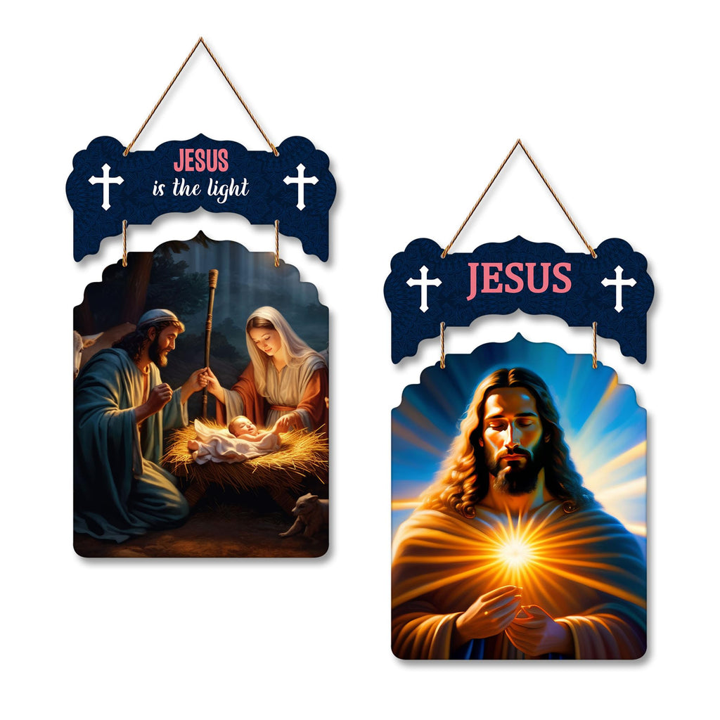 Artvibes Jesus Christ Designer Wooden Wall Hanging Decoration Items for Living Room | Spiritual Decor Items | Religious Wall Art | Wall Poster | Modern Decor Items | Unique Gift (WH_9215N), Set of 2