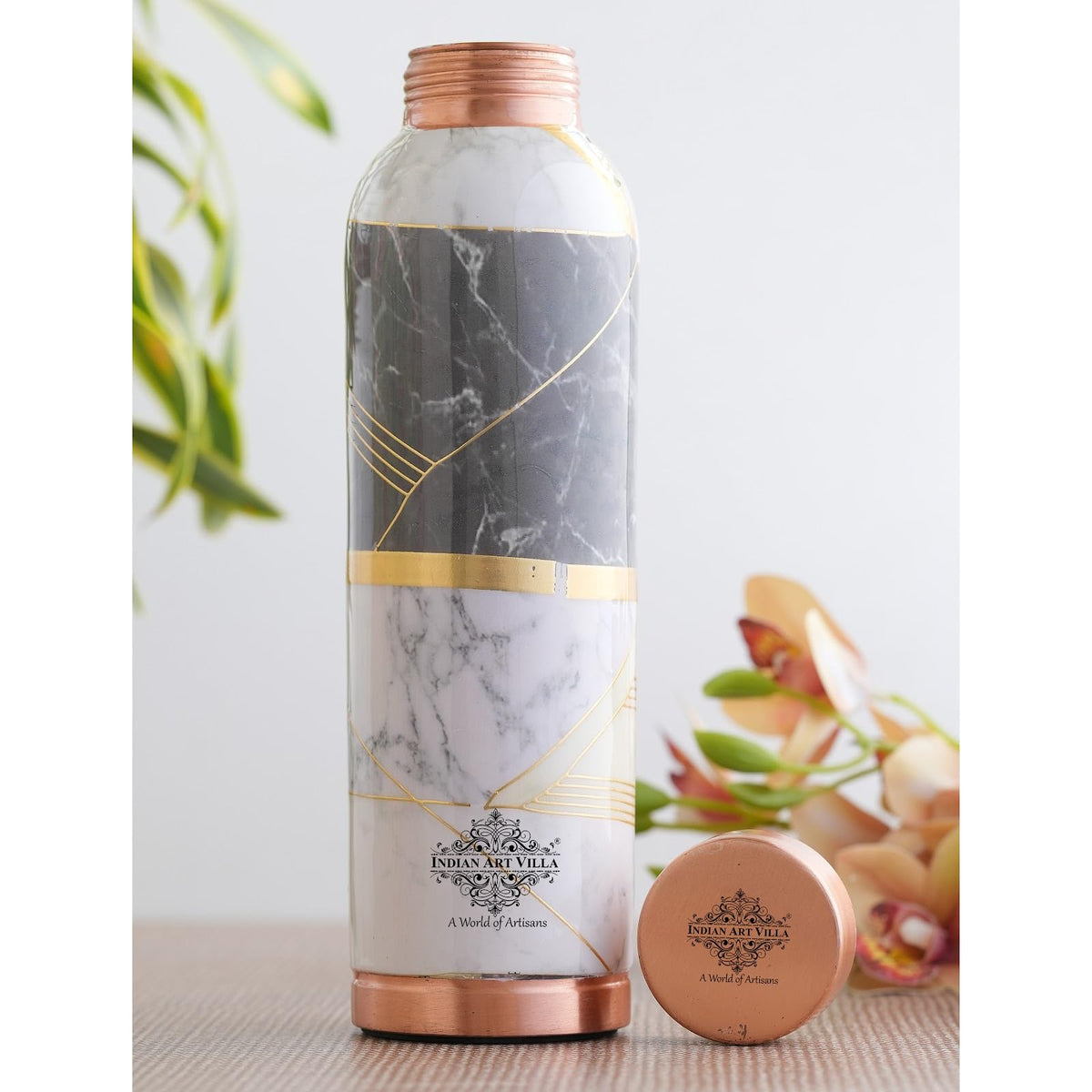 INDIAN ART VILLA Copper Gold Marble Print Copper Bottle, Copper Drinkware, Volume- 900 ML (Pack of 1)
