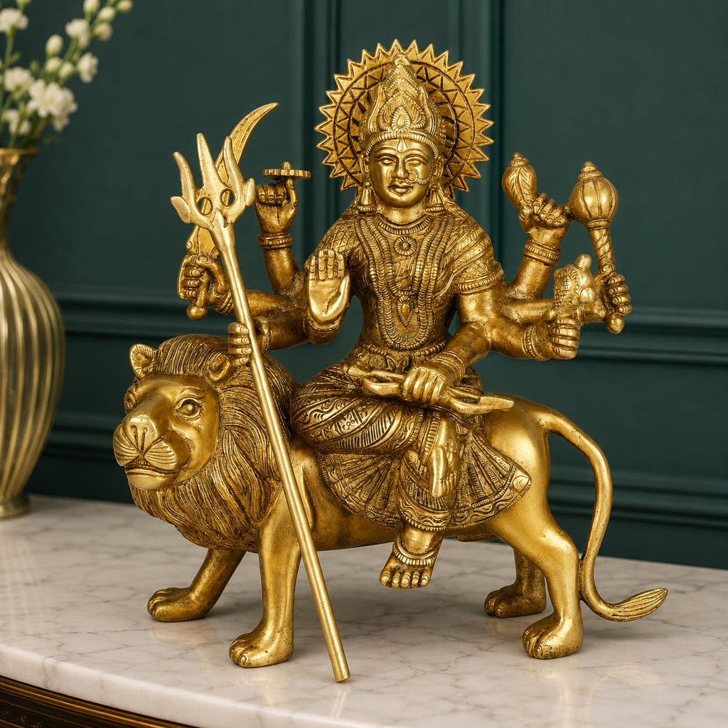 ARTVARKO Brass Goddess Vaishno Devi Murti 9.5 Inches | Maa Durga Puja Idol for Home Temple | Decorative Brass Sculpture for Mandir, Spiritual Décor, Festival, Housewarming & Gift
