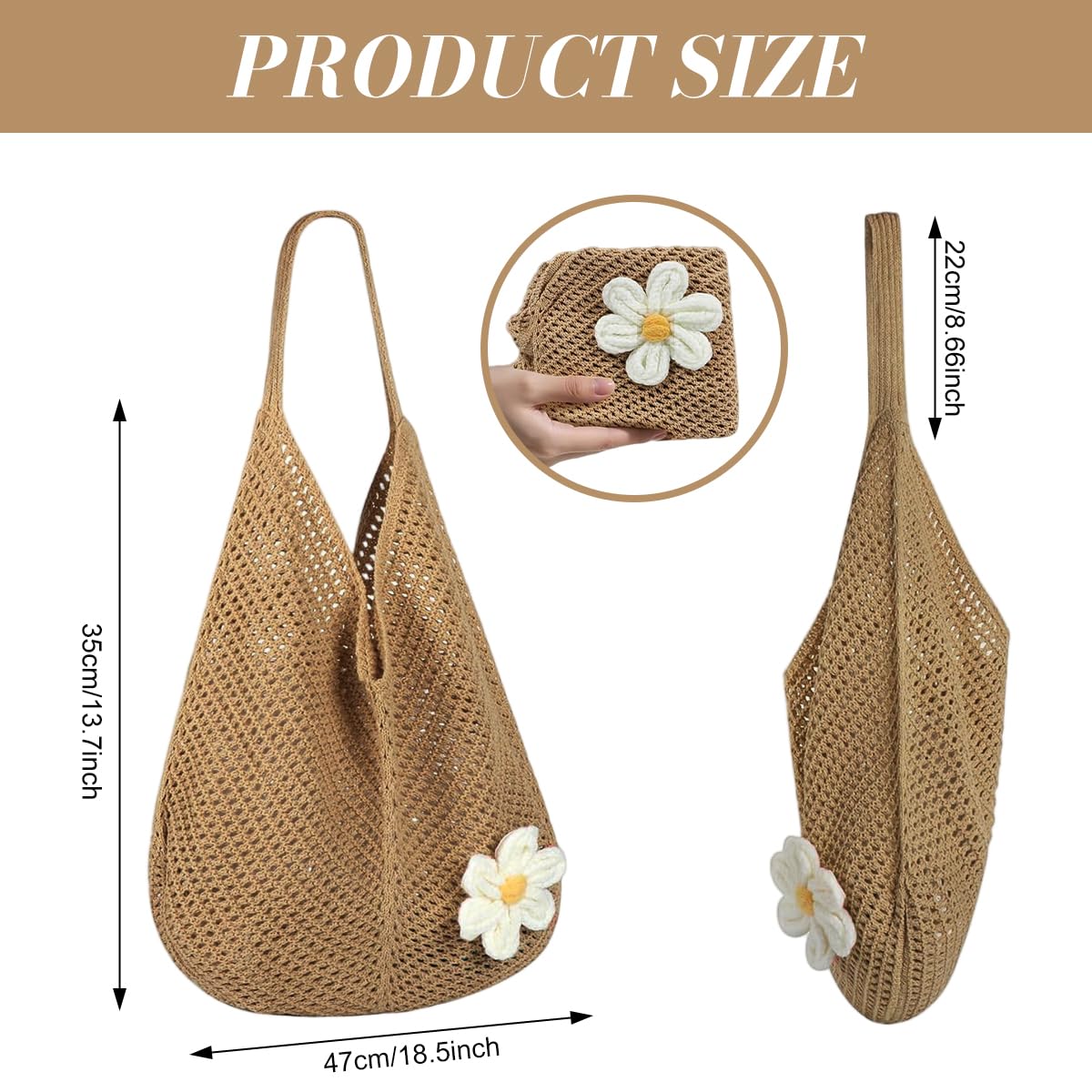 PALAY® Tote Bag for Woman Crochet Mesh Beach Shoulder Bags with Flower Brooch Summer Vacation Knitted Bag for Women Shoulder