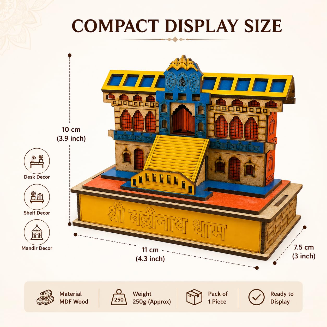 Wooden Shri Badrinath Dham Temple Model Showpiece | Handcrafted Miniature Wooden Mandir for Home Décor & Gifting | Small Pooja Mandir (10 cm x 11 cm)