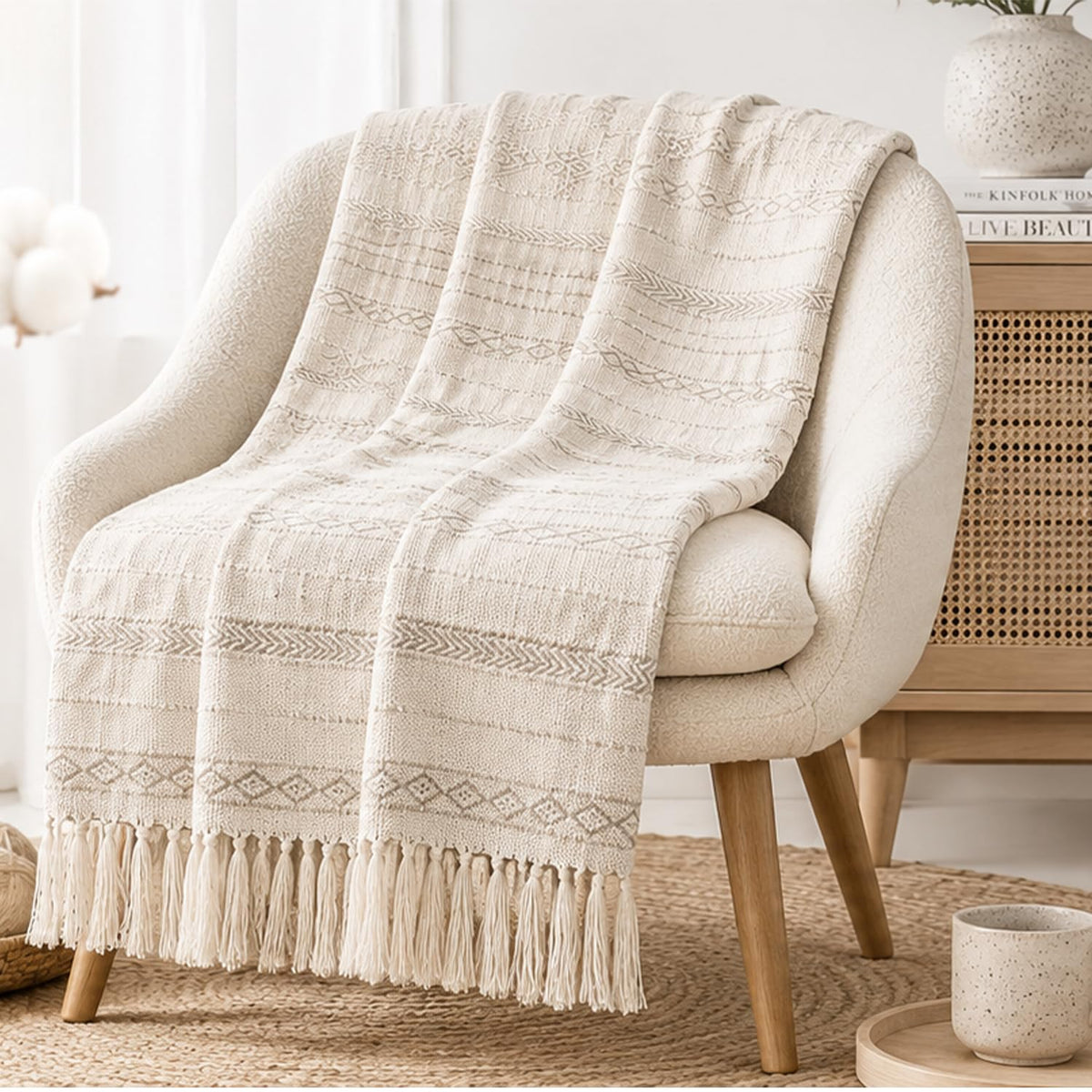 Furnofy 100% Cotton Sofa Throw | Handmade Throw - 50x60 Inches (Cream) Kafalo