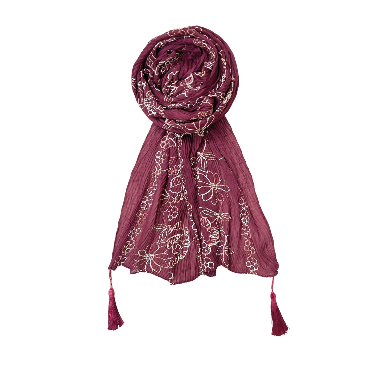 FAHABO Scarf Woman Pleated Cotton Scarves with Embroidery and Tassels | Hijab Scarf | Headscarf | Neck Scarf | Stoles | Wraps (Cherry Maroon -1)