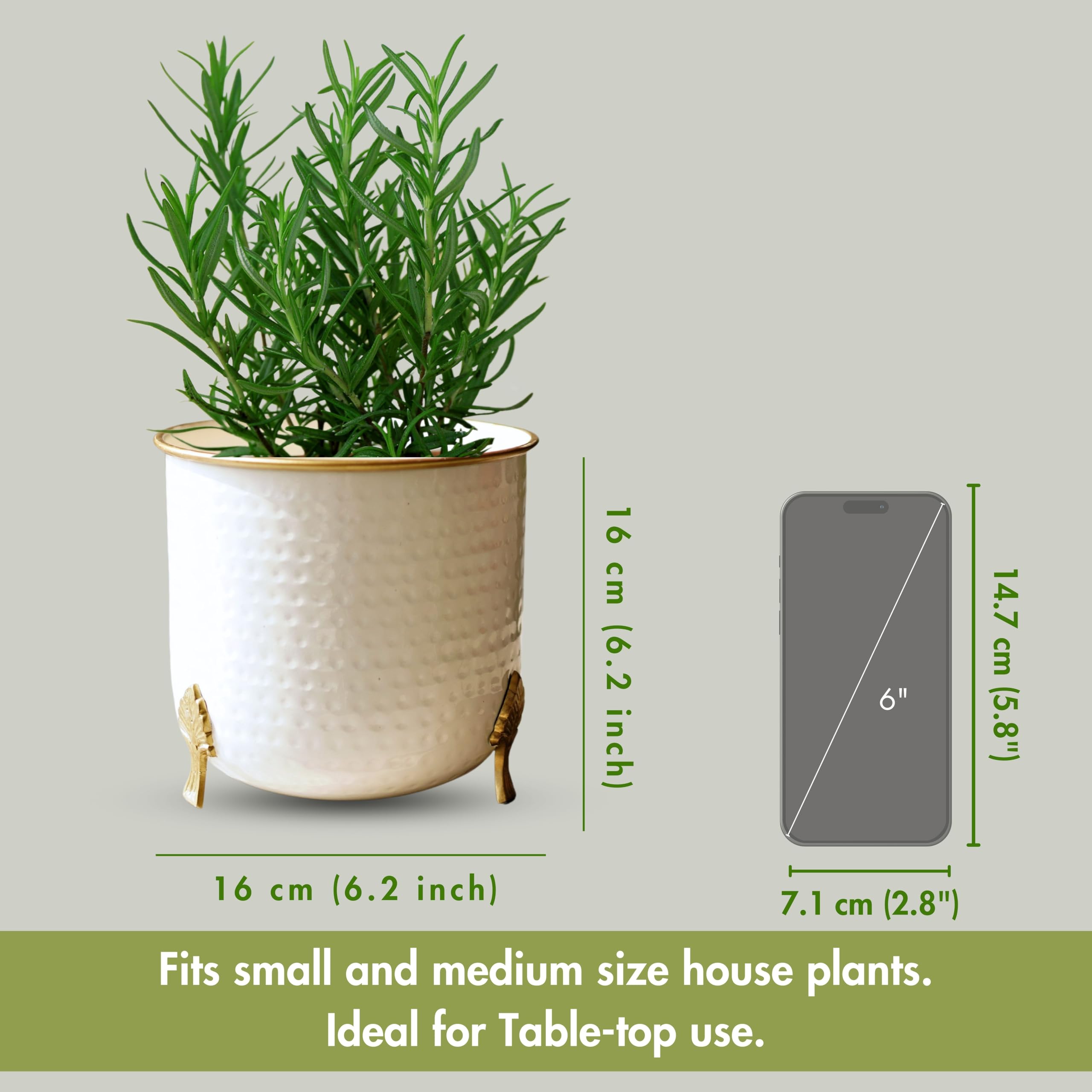 BEHOMA Metal Hammered White Planter with Golden, 6 inch (Plant not Included