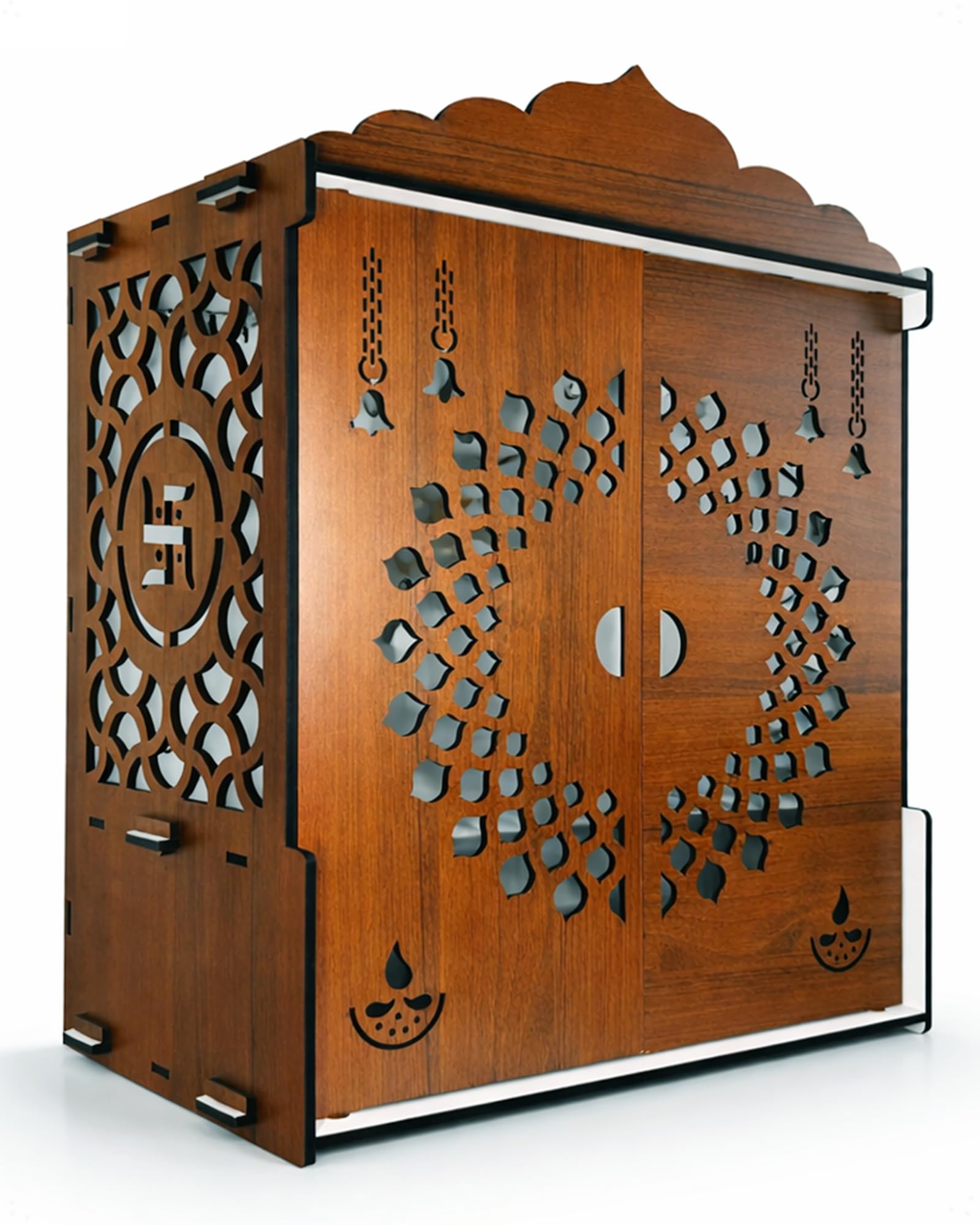 Beautiful Temple Mandir for Home with Door Wooden MDF | White Interior Pooja Temple with Storage Space | Wall Mounted & Tabletop Pooja Mandir for Home Office Decor (22 x 16.5 x 10.5 Inch)