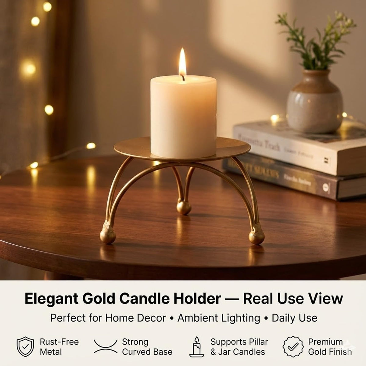 Enorme Gold Metal Candle Holder | Elegant Decorative Pillar Candle Stand for Home, Office & Table Décor | Durable, Rust-Free & Modern Design Candle Holder - (Pack of - 3)