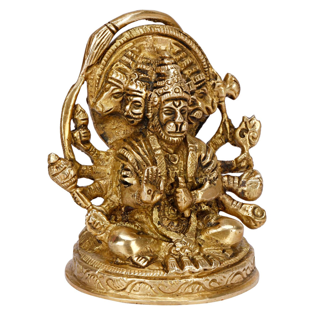 SVARUP Brass God Panchmukhi (Five Faced) Bajrangbali Sankat Mochan Hanuman Idol Statue Murti Height 3.5 Inch Gold Color