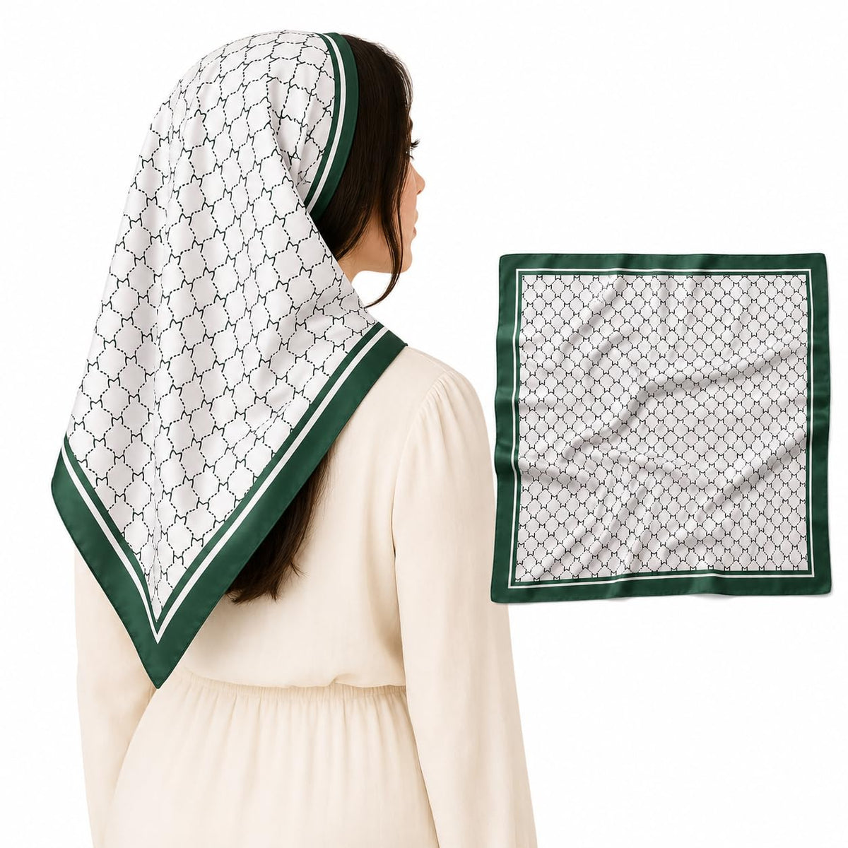 ESTA Satin silk-feel Head Scarf for Women Stylish Bandanas for Women Head Neck Stole Wrap Emerald Green Geometric Lattice Print Square Bandana Gift (27.5x27.5inch)