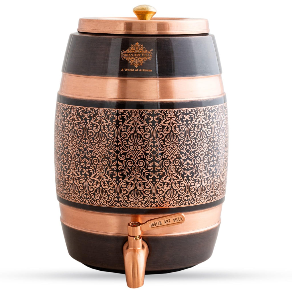 Indian Art Villa Copper Antique Finish Barrel Shaped Water Dispenser with Floral Engraved Design & Brass Tap – 5 Liters, Handcrafted Drinkware & Serveware for Home, Office, and Gifting