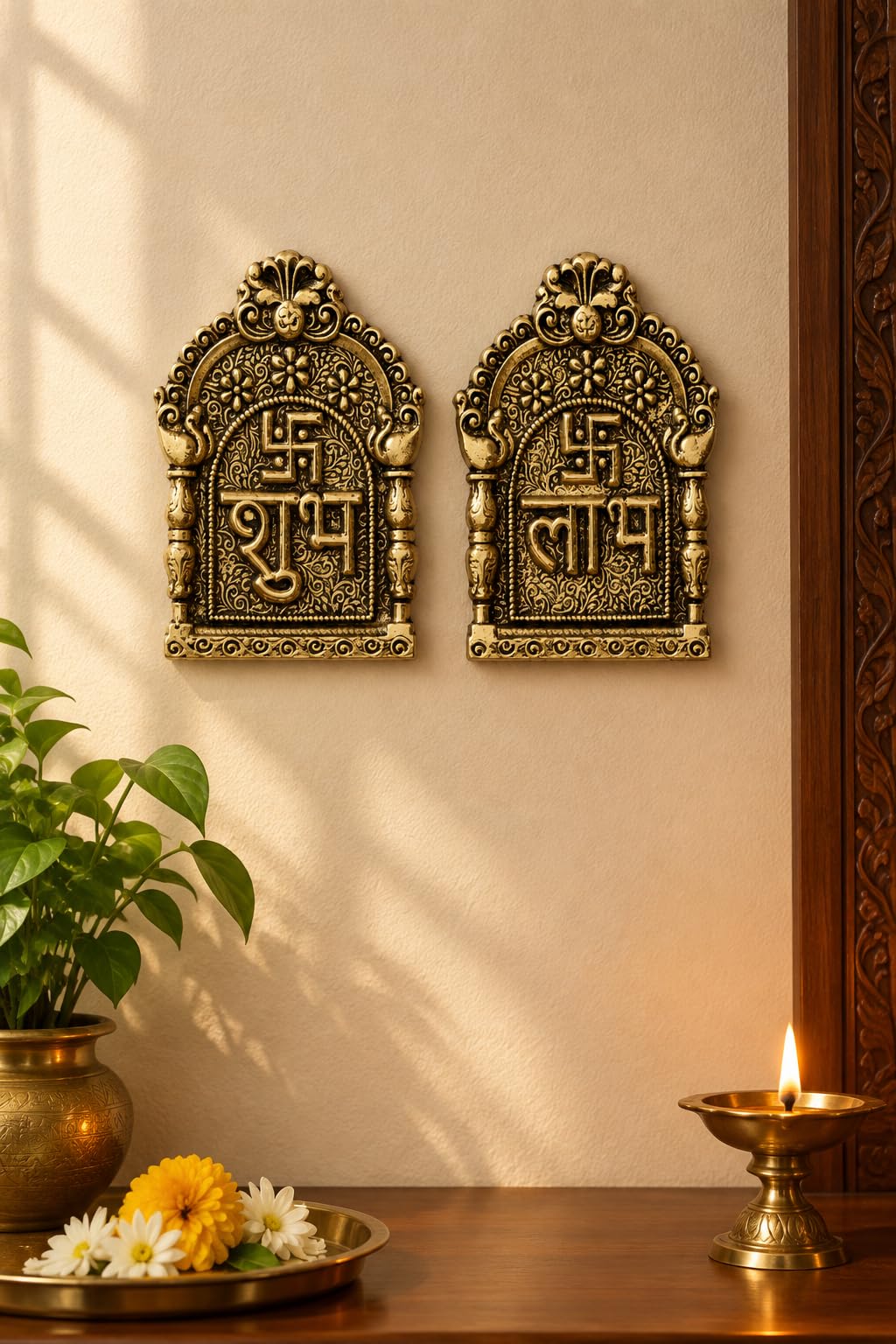 KridayKraft Shubh Labh Wall Hanging Pair | Antique Gold Finish Religious Idol for Main Door, Home Decor, Diwali Puja, Housewarming & Gifting.