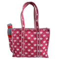 The House of RajPadmini Floral Quilted Cotton Shopping Tote Bag, 16x16 inches, Striped Trim, External Bottle Pocket (Dark Pink)