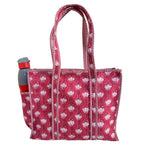 The House of RajPadmini Floral Quilted Cotton Shopping Tote Bag, 16x16 inches, Striped Trim, External Bottle Pocket (Dark Pink)