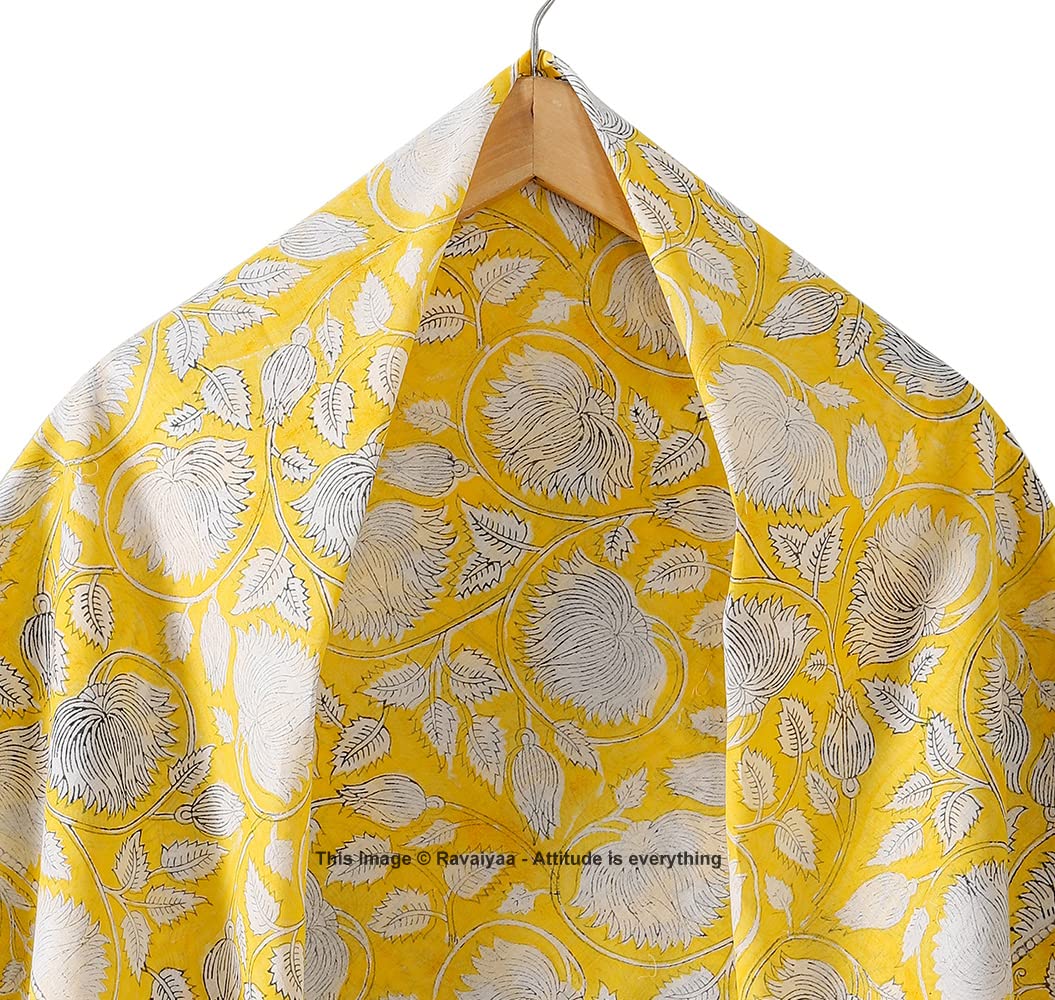 Ravaiyaa - Attitude is everything Sanganer Hand Block Printed Scarves Pure Cotton Scarf Square Hijab Dupatta 40 X 40 Inch (Yellow Lotus Floral)