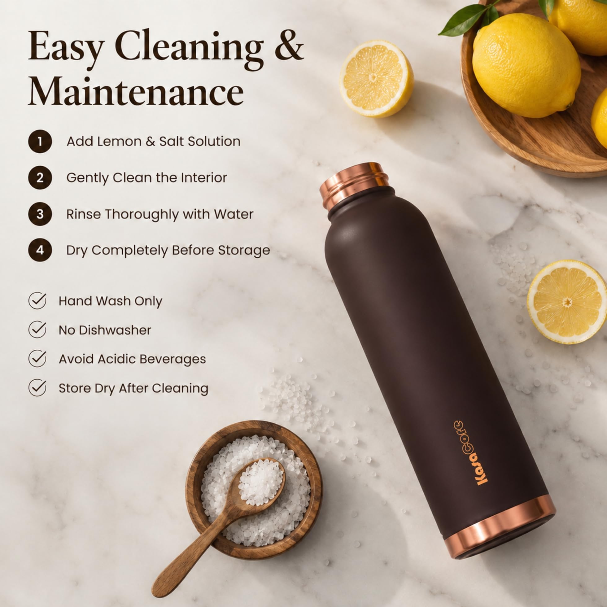 KasaCore Premium Copper Water Bottle 750 ml 99% Pure Copper | Leakproof Bottle with Matte Black Finish for Office Gym Travel Daily Use (Brown)