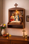 Wooden Home Temple with Cross, Wall Mounted Prayer Shrine with LED Light, Decorative Lattice Design, Wall Haniging Church for Home, Rich Brown