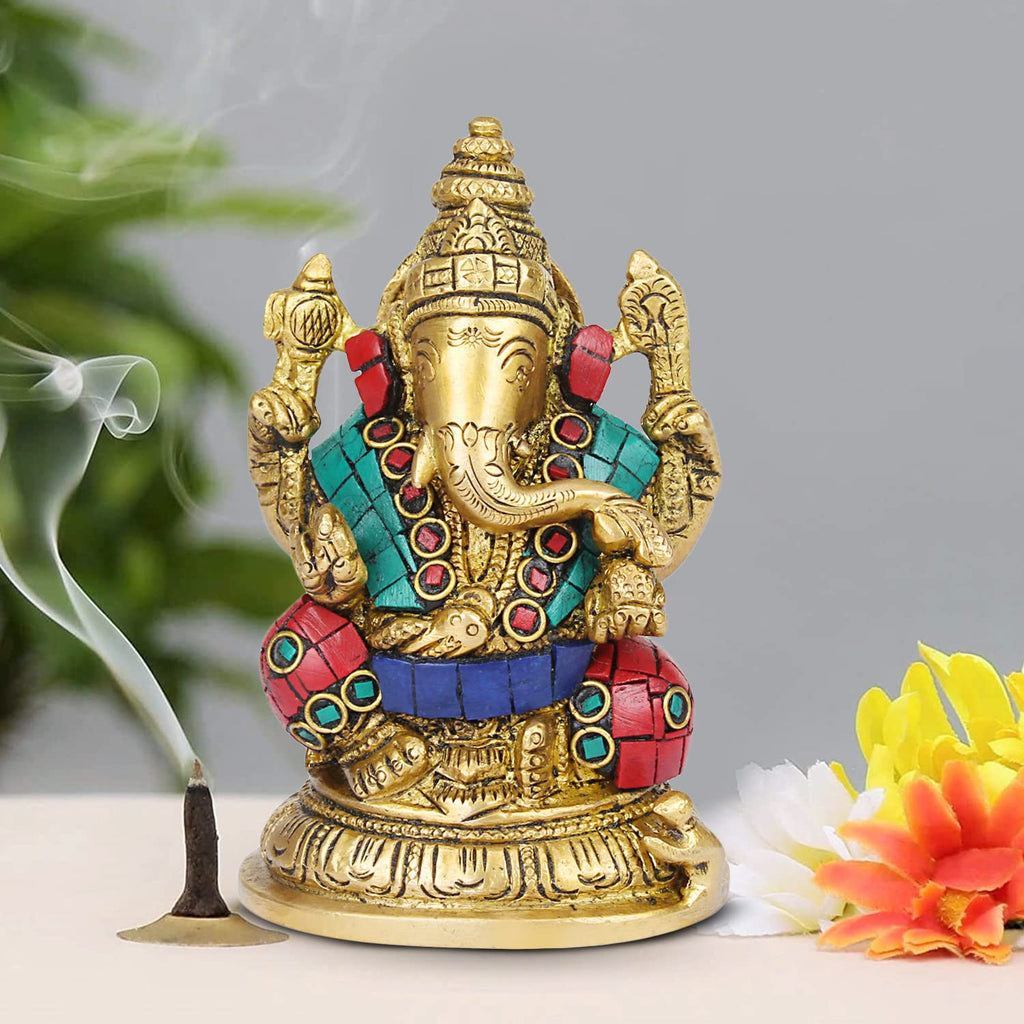 ARTVARKO Brass Ganesha Statue Ganpati Multicolour for Happiness, Health n Wealth At Home and Office Size-5 inches