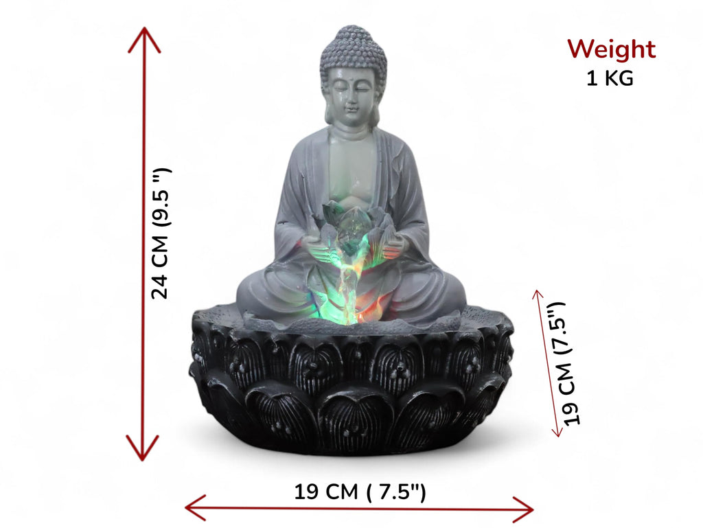 KridayKraft Meditating Buddha Water Fountain Idol Polyresin Lotus Water Fountain Showpiece for Home Garden Living Room Decor Decoration Gift Items, 24 CM
