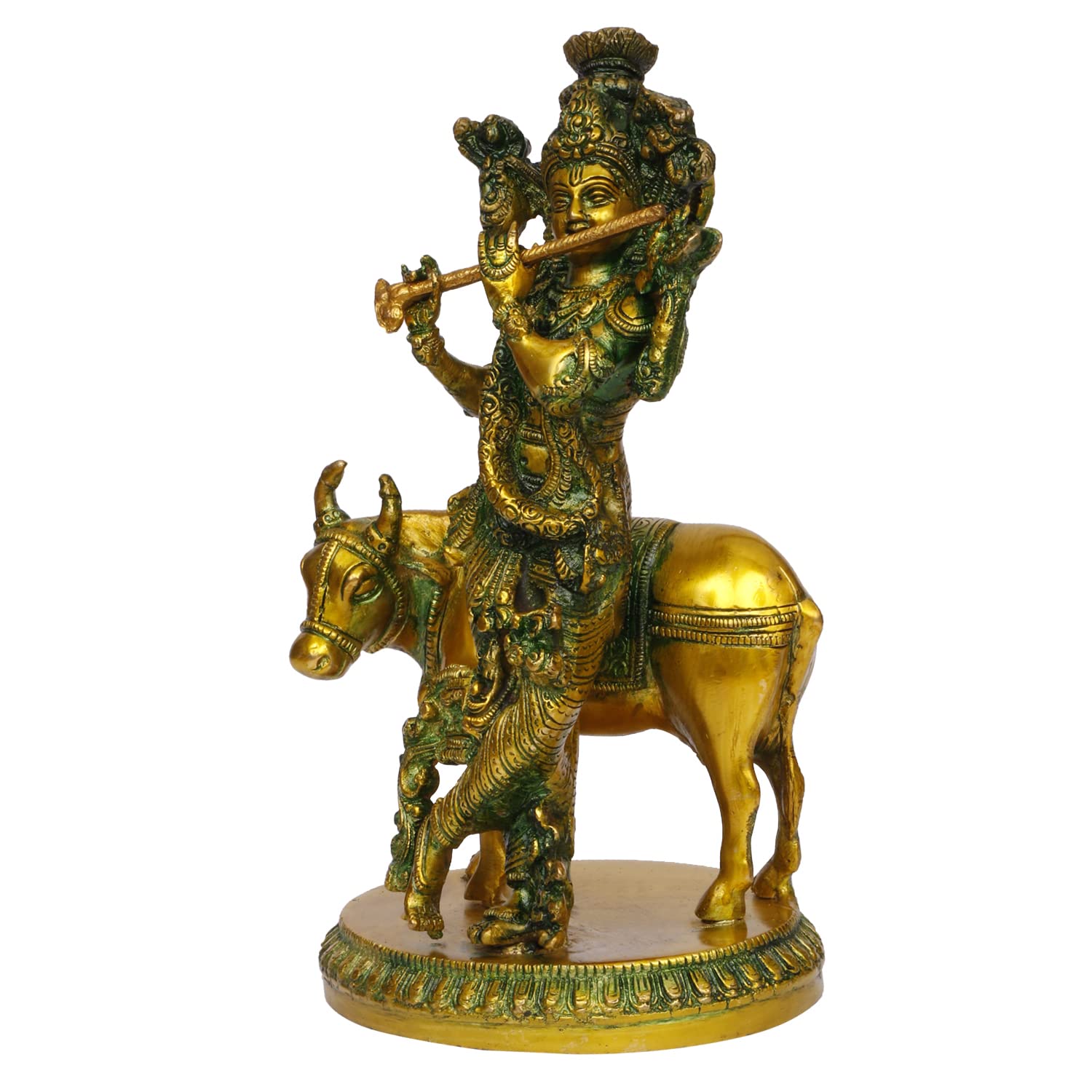 ARTVARKO Brass Krishna with Cow Standing Playing Flute Idol Statue Mandir Puja Office Home Décor Gift 10 Inches