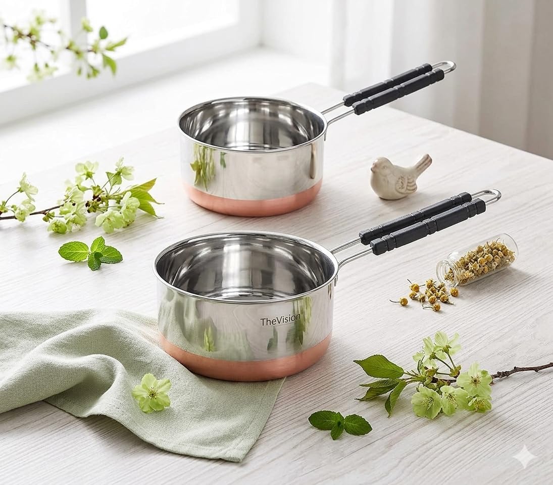 GlamourShop Tea Pan Stainless Steel Copper Bottom Sauce Pan Milk Pan Tapeli Patila Induction Base Sauce Pot Milk Boiler with Handle Set of 2 Pcs (1 Litr & 1.5 Litr)