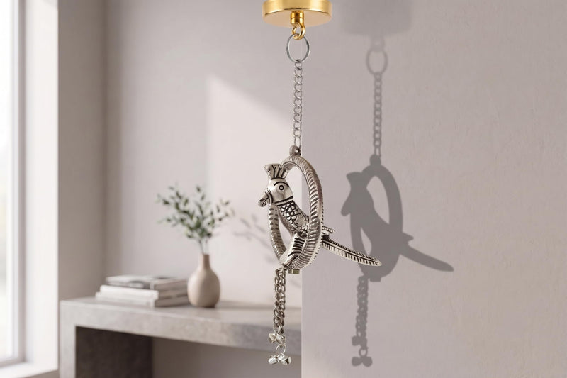 KridayKraft Small Ring Parrot Silver Wall Hanging Decor – Handcrafted Metallic Bird Showpiece for Living Room, Balcony, and Home Decoration.