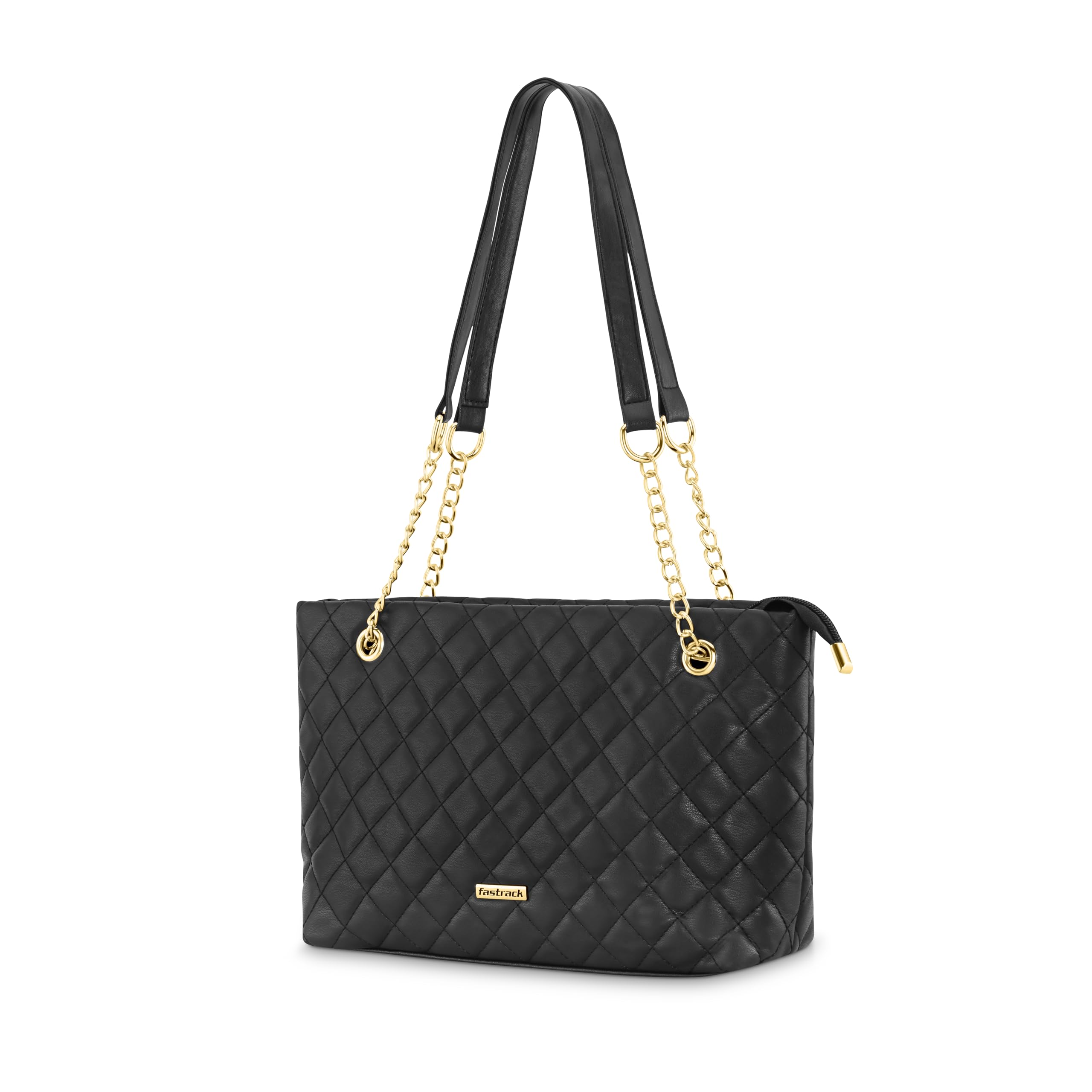 Fastrack PU Structured Quilted Tote Bag with Chain Shoulder Straps | Diamond Quilted Tote with Zipper Closure | Ladies Purse Handbag | Totes for Casual Carry