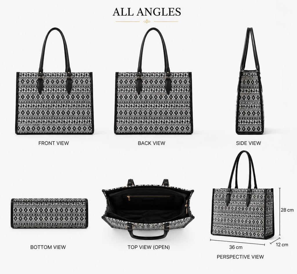 Designer Black Ethnic Geometric Tote Bag, Cotton Canvas with Faux Leather Handles, 36L x 12W x 24H cm, Top Zipper Closure, 2 Compartments