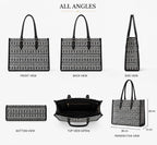 Designer Black Ethnic Geometric Tote Bag, Cotton Canvas with Faux Leather Handles, 36L x 12W x 24H cm, Top Zipper Closure, 2 Compartments