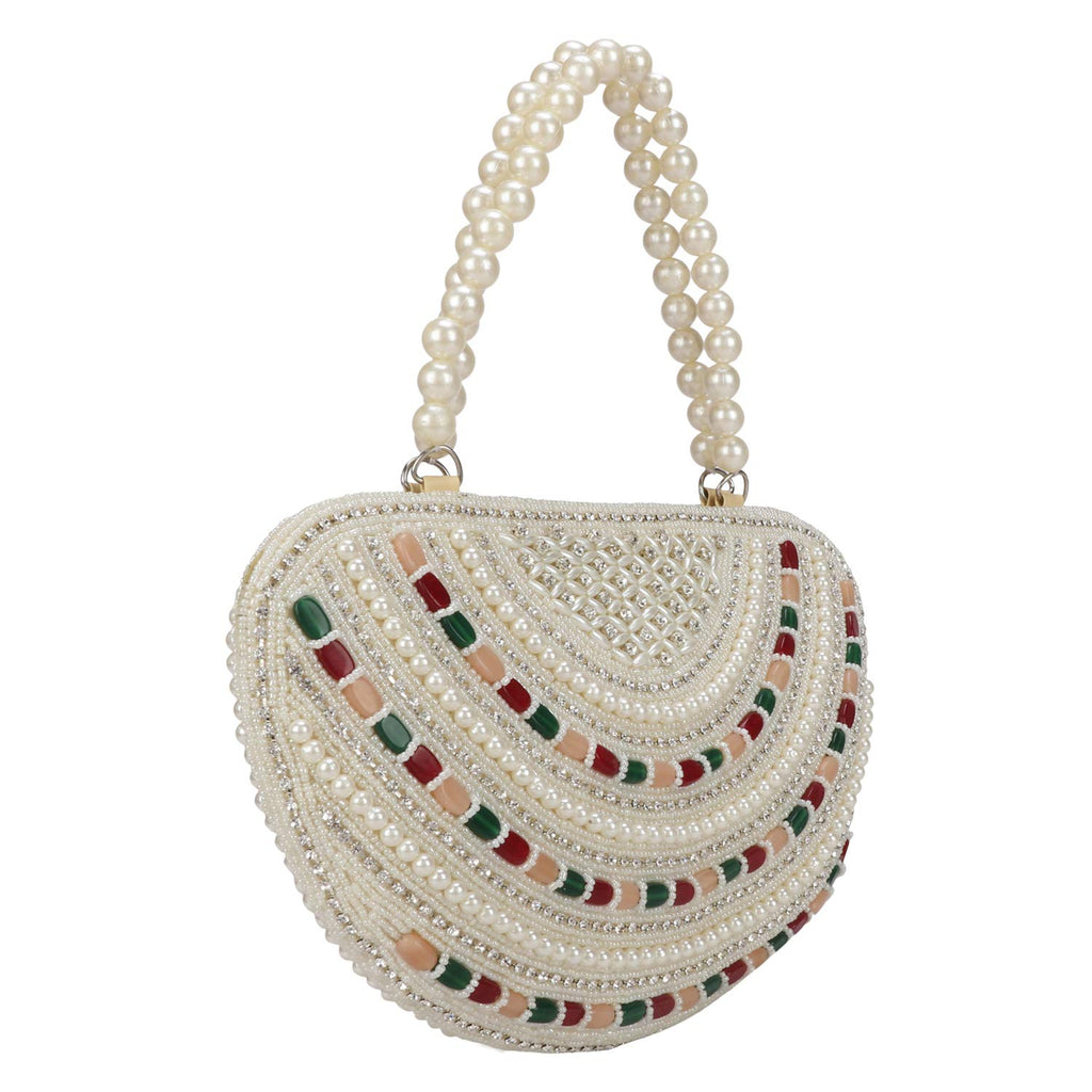 LONGING TO BUY Women's Multicolour Stone in Vintage Style Pearl Tote Purse Wrist Bag (Off White)
