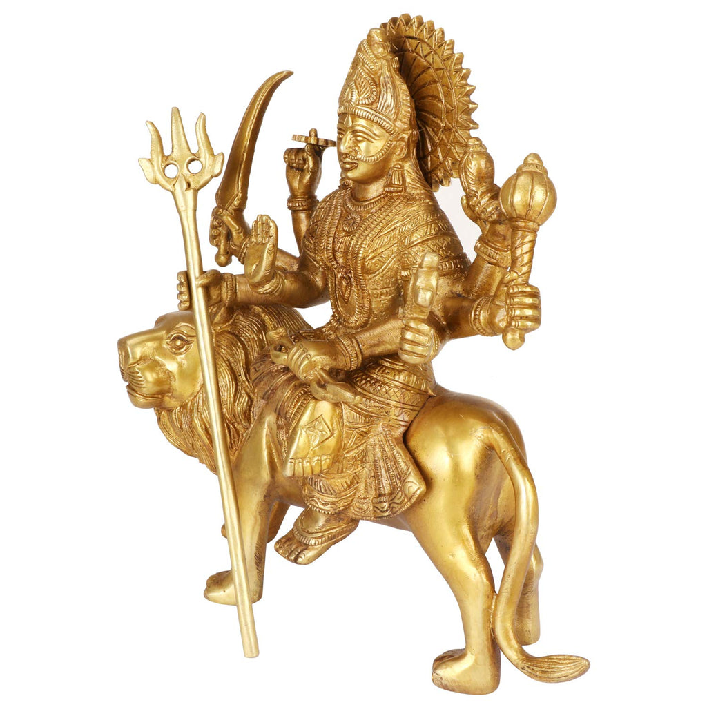 SVARUP Brass Maa Durga Idol Sitting On Lion Ma Sherwali Murti Vaishno Devi Statue for Home Mandir Gift Navratra Puja 9.5 Inch Gold Color
