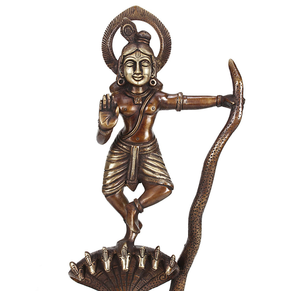 SVARUP Brass Krishna Bhagwan Krishan Murti Dancing on Kaliya Naag Statue for Home Decor Temple Pooja Gift 13 Inch Copper Gold
