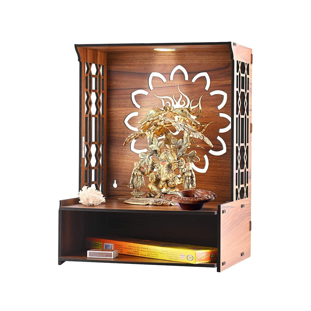 BOQP Wooden Pooja Stand for Home Mandir for Home Temple for Home and Office Puja Mandir for Home and Office Wall with LED Spot Light Product (H- 15.5, L- 11.5, W-11 Inch)