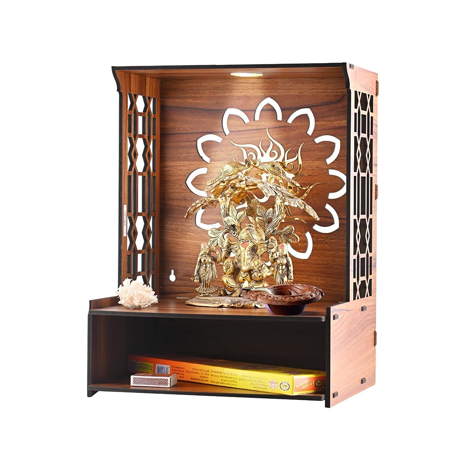 BOQP Wooden Pooja Stand for Home Mandir for Home Temple for Home and Office Puja Mandir for Home and Office Wall with LED Spot Light Product (H- 15.5, L- 11.5, W-11 Inch)