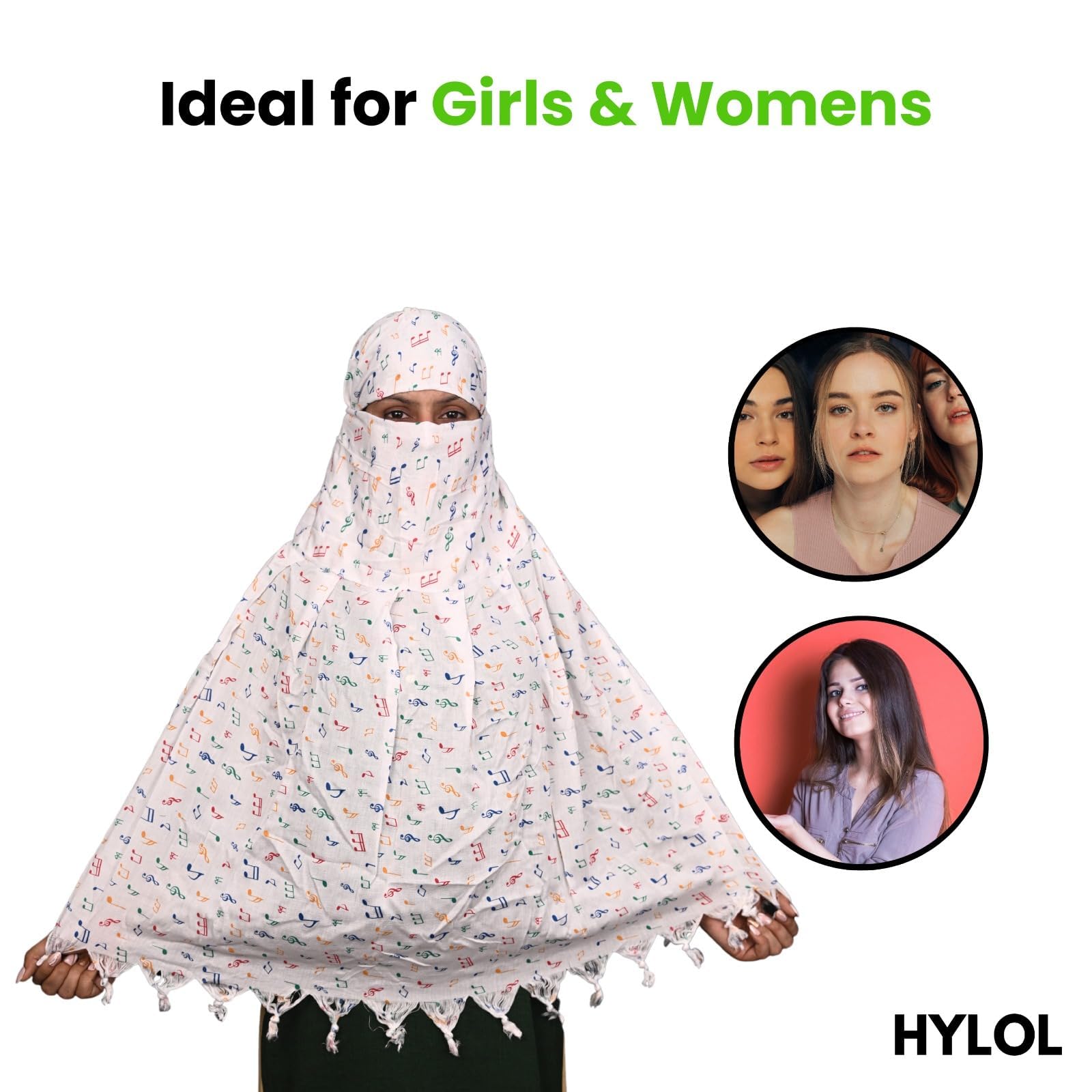 HYLOL Pure Cotton Female Innovative Stylish Music Printed Pattern Fancy Scarf With Sun Protection Cover Face Cotton Mask For Women's And Girls, White