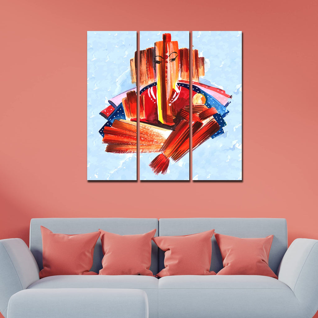 VIBECRAFTS 3 Pieces Beautiful Shree Ganesha Canvas Wall Painting Fitted With Wooden Frame For Home | Office | Living Room | Gifts (PTVC3Pcs1_9573)