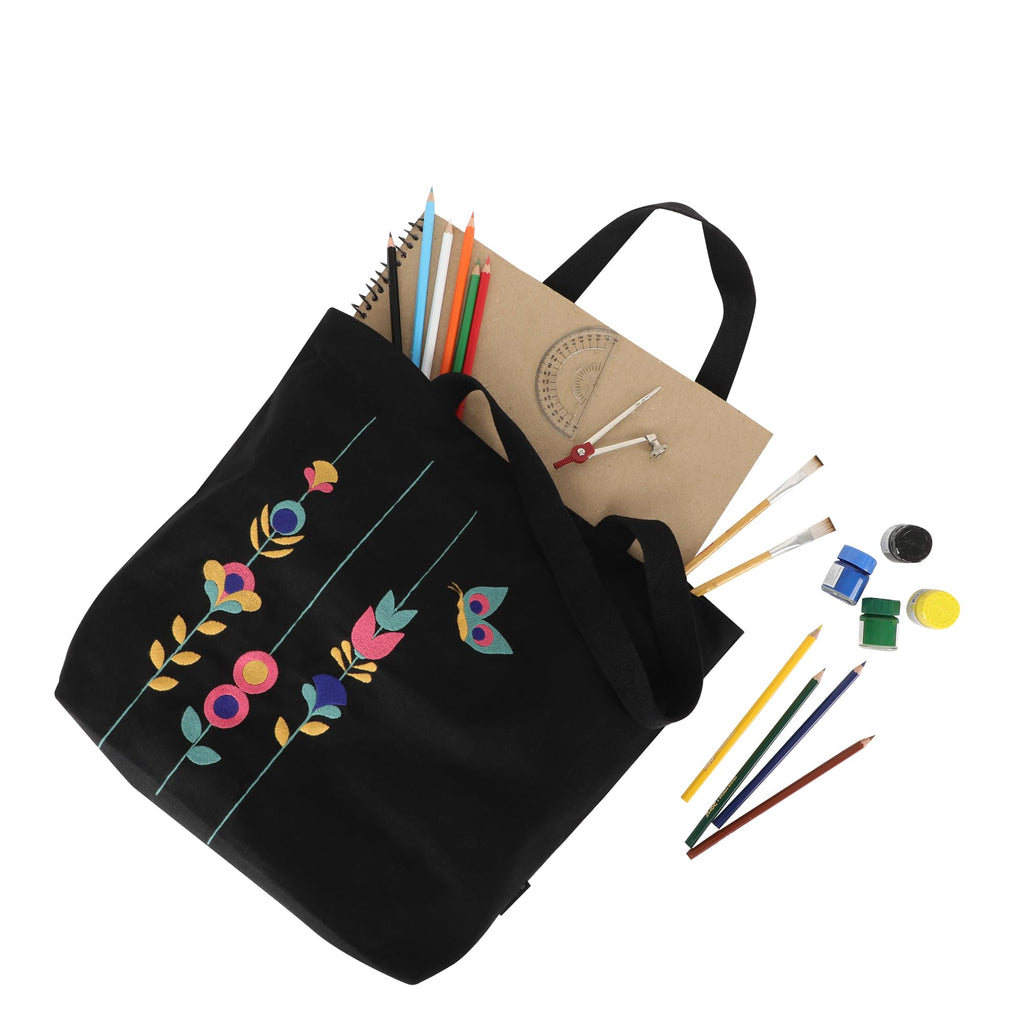 SKAPADORO Canvas Big Zip Handbag Tote,100% Cotton, Inner pocket, Unisex Embroidered Comfortable Bag for Travel Office Beach Shopping, Easy to Wash Trendy Everyday Shoulder Bag (Floral Black)
