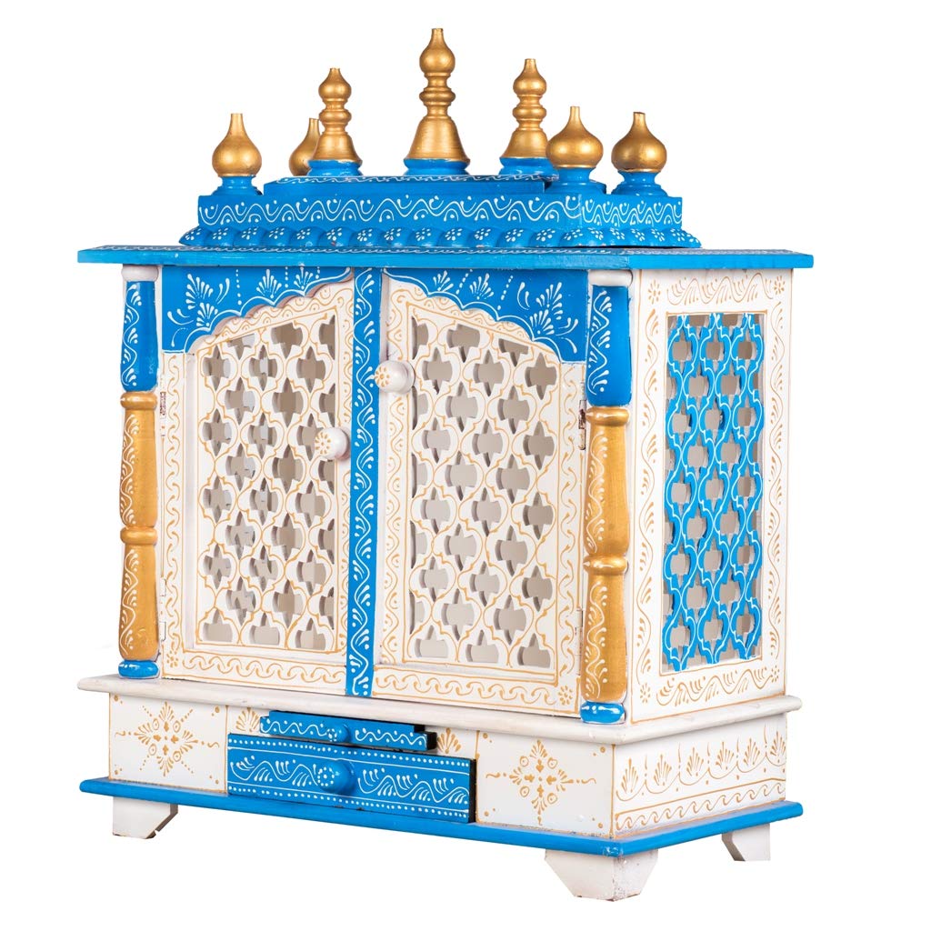 Kamdhenu Art and Craft Wood Home Temple (18 x 12 x 21 inch, White & Blue)