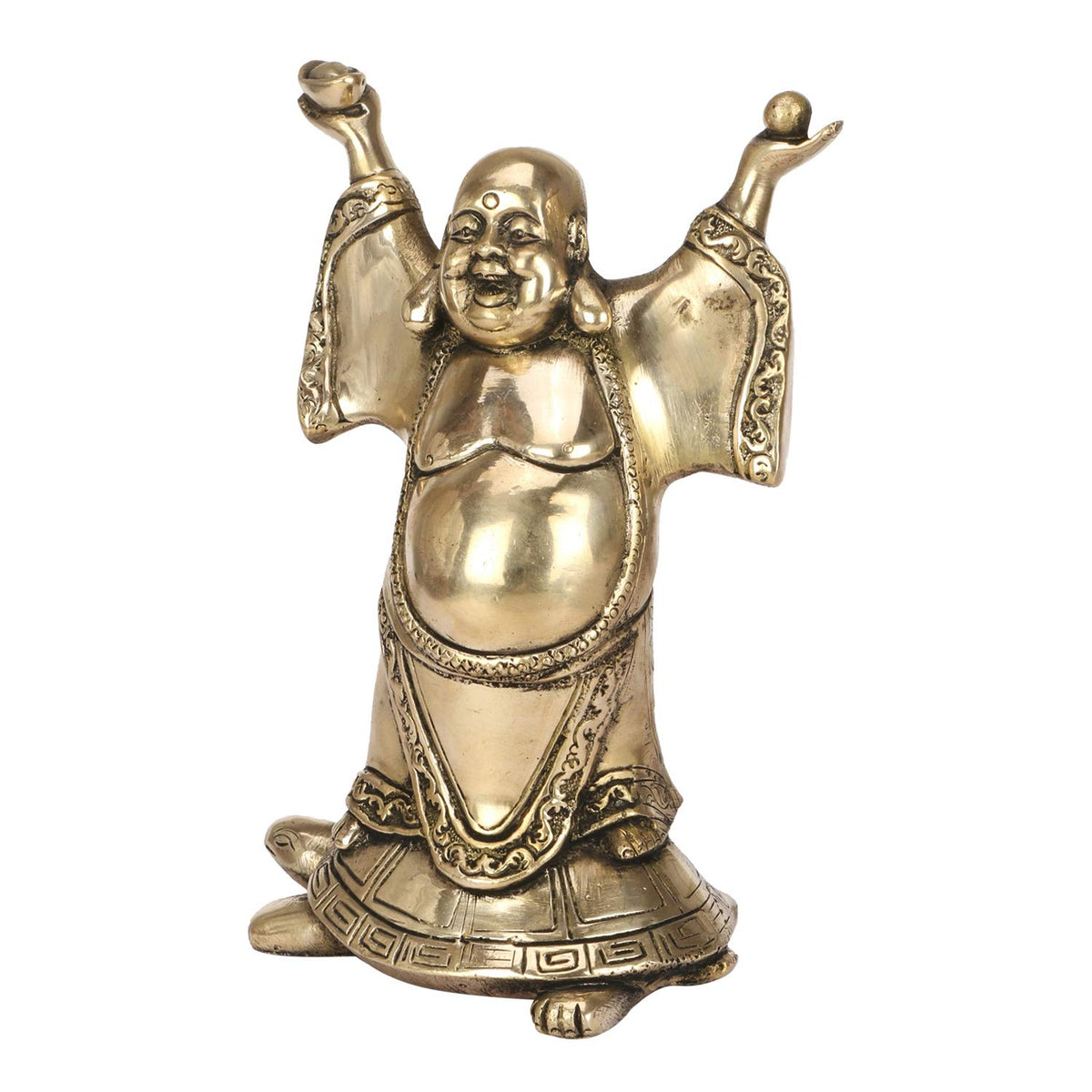 ARTVARKO Feng Shui Laughing Buddha Standing on Tortoise Brass Statue Happy Man for Good Luck Wealth Prosperity at Home, Office and Business 9 Inches