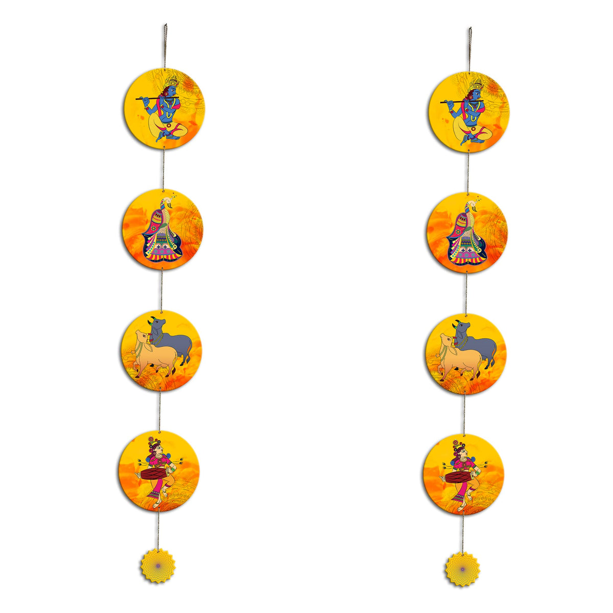 Artvibes Cows & Lord Shri Krishna Playing Flute Indian Art Wall And Door Hanging for Home | Spiritual Decor Items | Wall Poster | Artwork| Stylish Modern Decor Item | Gift Items (WH_5215N), Set of 2
