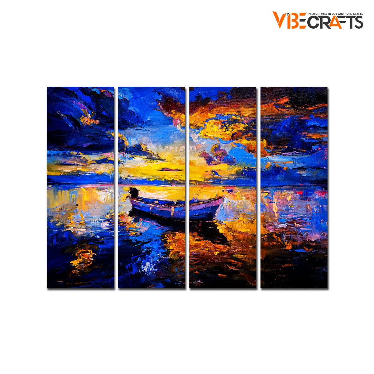 VIBECRAFTS Boat In Sunset Background 4 Pieces Canvas Wall Painting Fitted With Wooden Frame For Home | Office | Living Room | Gifts (PTVC4Pcs1_13502)